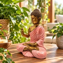 N�rbillede af dekorativ pink og guld Buddha statue set forfra fra en let skr� vinkel i et lyst rum med planter.