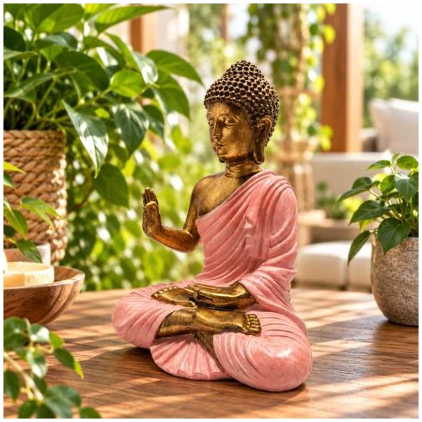 N�rbillede af dekorativ pink og guld Buddha statue set forfra fra en let skr� vinkel i et lyst rum med planter.