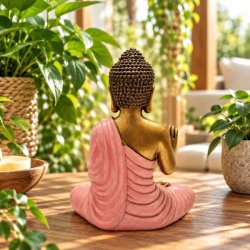 Produktbillede af pink og guld Buddha figur set bagfra, som viser detaljeret gyldent h�r i et lyst milj� med stueplanter.