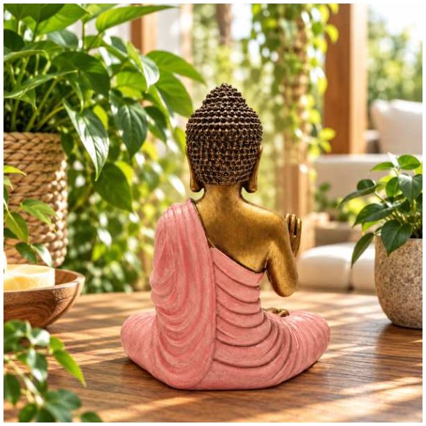 Produktbillede af pink og guld Buddha figur set bagfra, som viser detaljeret gyldent h�r i et lyst milj� med stueplanter.