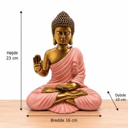 Produktbillede af pink og guld Buddha statue med m�langivelser set forfra, der viser en h�jde p� 23 cm og bredde p� 16 cm.