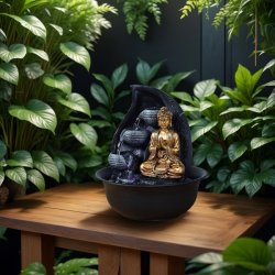 Beroligende Buddha vandfontne med LED-lys og rislende vand