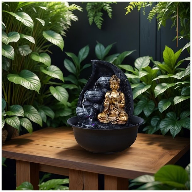 Beroligende Buddha vandfontne med LED-lys og rislende vand