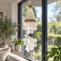 H�ndlavet vindspil med Capiz-skaller- boho hanger 60 cm