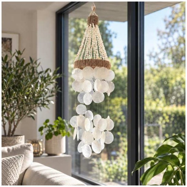 H�ndlavet vindspil med Capiz-skaller- boho hanger 60 cm