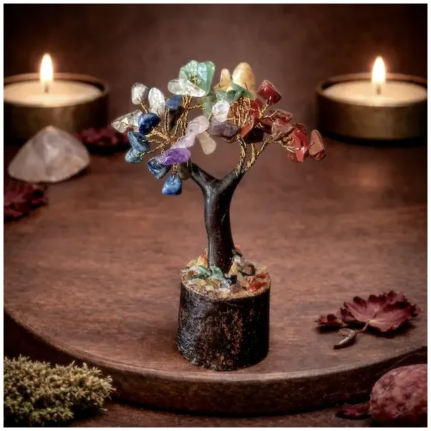 7 chakra tr� med �gte krystaller og spirituel energi 12 x 8 cm