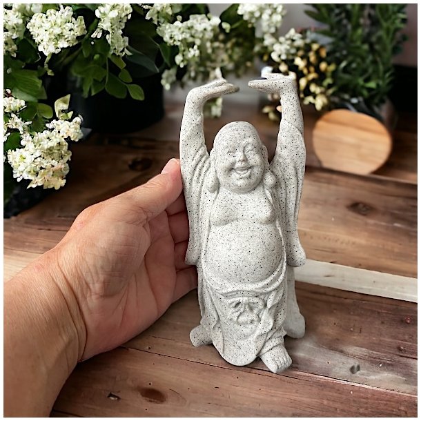 Den glade buddha figur i knust sten og resin, Ml 16 cm 