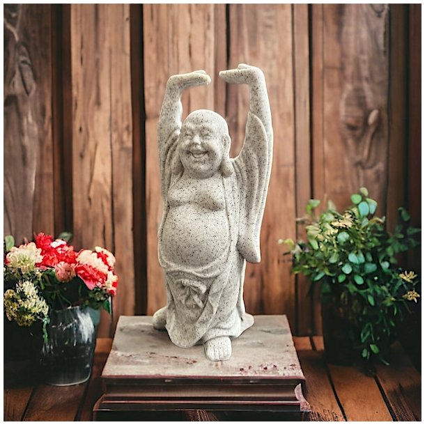 Den glade buddha figur i knust sten og resin, Ml 16 cm 