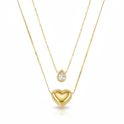 Dobbelthalskde i forgyldt rustfrit stl med hjerte og drbevedhng med rhinsten