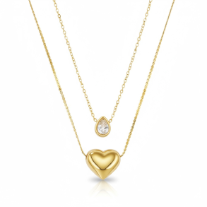 Dobbelthalskde i forgyldt rustfrit stl med hjerte og drbevedhng med rhinsten