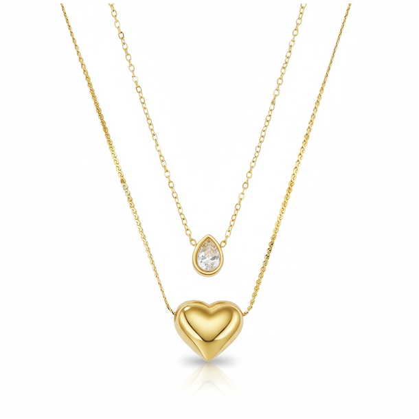 Dobbelthalskde i forgyldt rustfrit stl med hjerte og drbevedhng med rhinsten