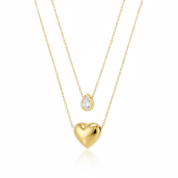 Dobbelthalskde i forgyldt rustfrit stl med hjerte og drbevedhng med rhinsten