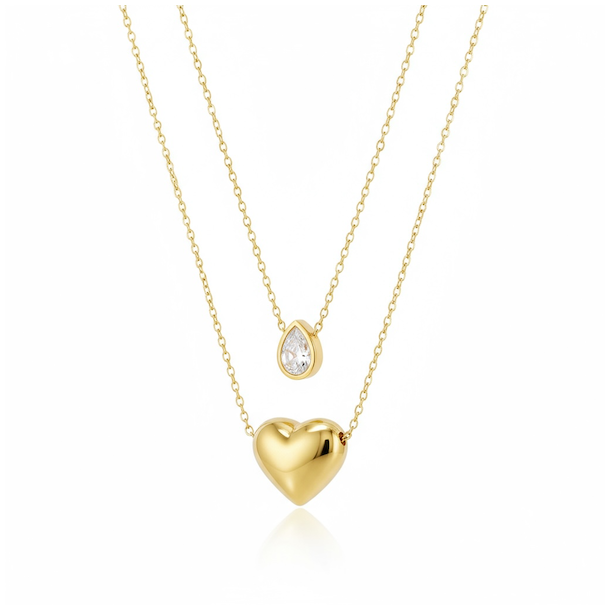 Dobbelthalskde i forgyldt rustfrit stl med hjerte og drbevedhng med rhinsten