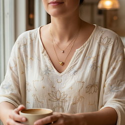 Dobbelthalskde i forgyldt rustfrit stl med hjerte og drbevedhng med rhinsten