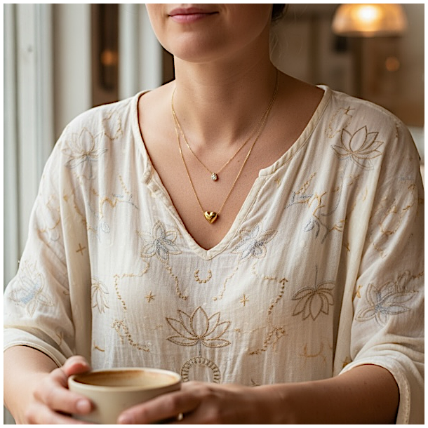 Dobbelthalskde i forgyldt rustfrit stl med hjerte og drbevedhng med rhinsten