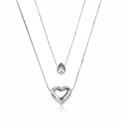 Dobbelthalsk�de i rustfrit st�l med hjerte og dr�bevedh�ng med rhinsten