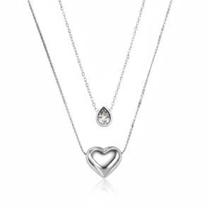 Dobbelthalsk�de i rustfrit st�l med hjerte og dr�bevedh�ng med rhinsten