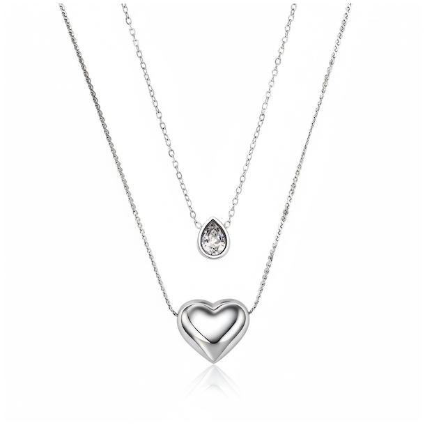 Dobbelthalskde i rustfrit stl med hjerte og drbevedhng med rhinsten