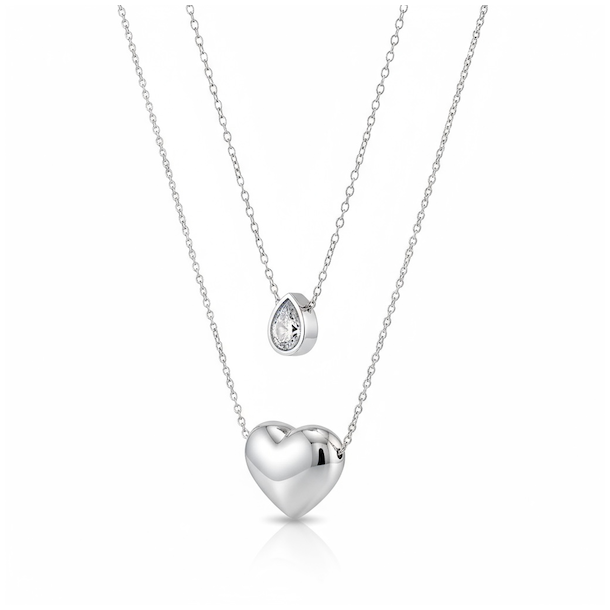 Dobbelthalsk�de i rustfrit st�l med hjerte og dr�bevedh�ng med rhinsten