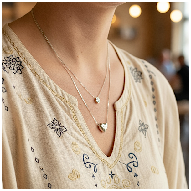 Dobbelthalskde i rustfrit stl med hjerte og drbevedhng med rhinsten