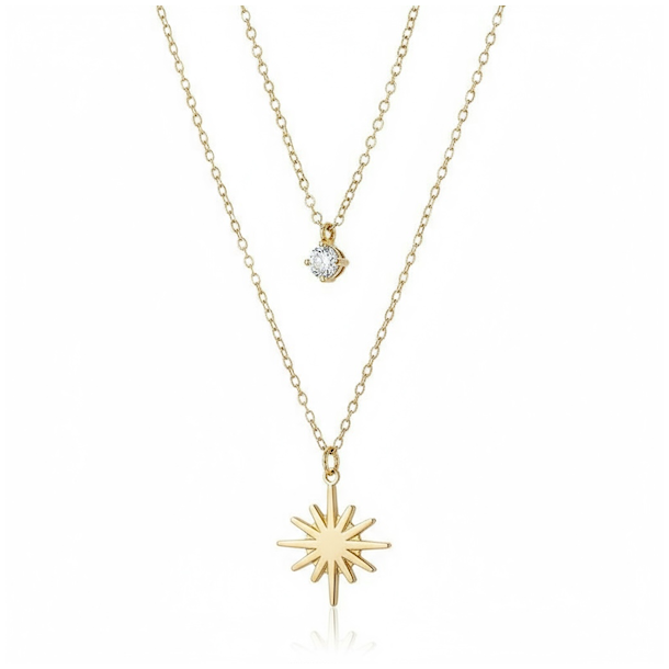 Smuk spirituel dobbelthalskde i forgyldt rustfrit stl med stjerne og rund rhinsten
