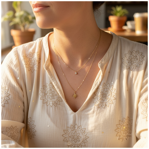 Smuk spirituel dobbelthalskde i forgyldt rustfrit stl med stjerne og rund rhinsten