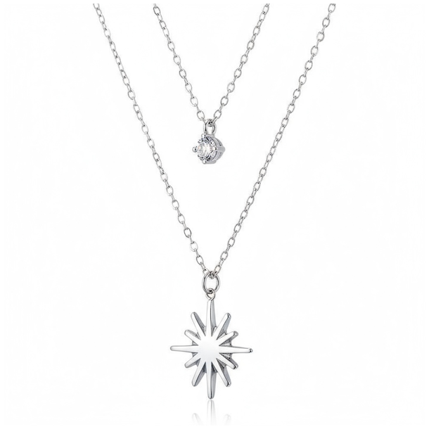 Smuk spirituel dobbelthalsk�de i rustfrit st�l med stjerne og rund rhinsten