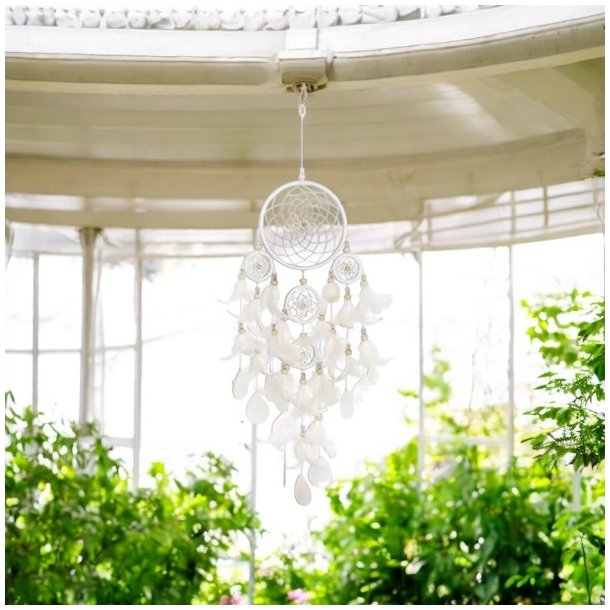 Hndlavet drmmefanger med capizskaller og fjer - 14 x 60 cm, for en beroligende atmosfre