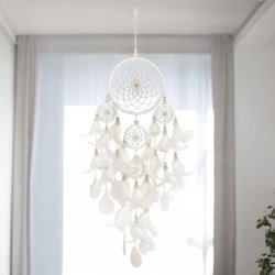 Hndlavet drmmefanger med capizskaller og fjer - 14 x 60 cm, for en beroligende atmosfre