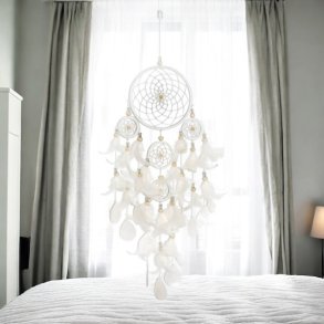 Hndlavet drmmefanger med capizskaller og fjer - 14 x 60 cm, for en beroligende atmosfre