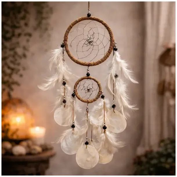 H�ndlavet dr�mmefanger med capiz skaller � boho &amp; natur 50 cm