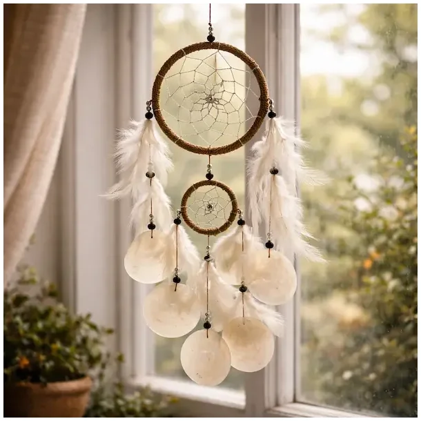 H�ndlavet dr�mmefanger med capiz skaller � boho &amp; natur 50 cm