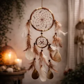 H�ndlavet dr�mmefanger med capiz skaller � fjer & natur 50 cm