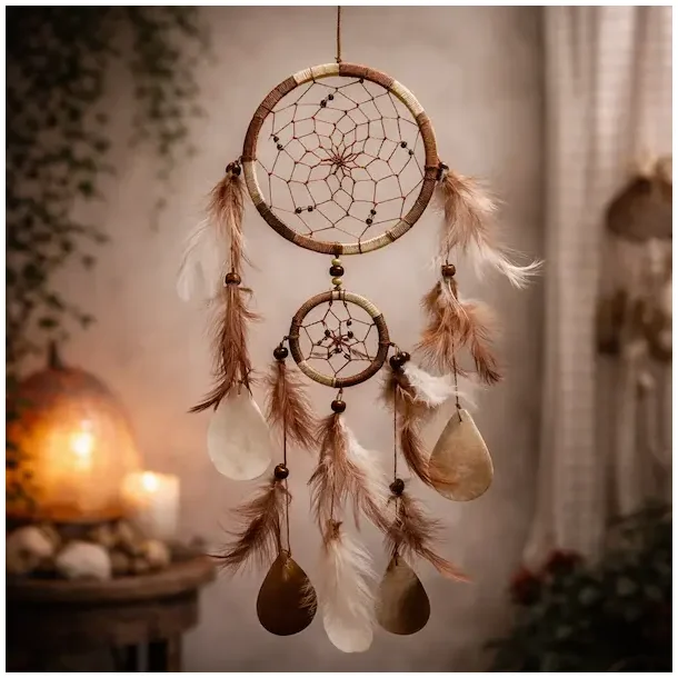 H�ndlavet dr�mmefanger med capiz skaller � fjer &amp; natur 50 cm