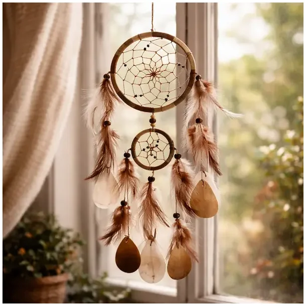 H�ndlavet dr�mmefanger med capiz skaller � fjer &amp; natur 50 cm