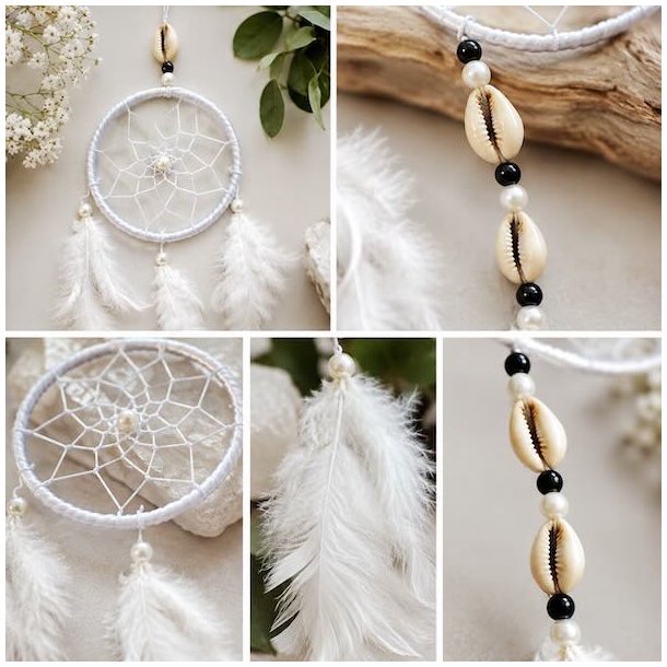 Close-up af hvid dr�mmefanger med muslingeskaller, hvide perler og bl�de fjer i et lyst dekorativt milj�.