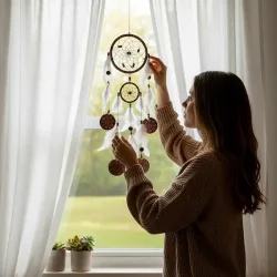 H�ndlavet dr�mmefanger 50 cm � ring �12 cm � naturfarver med bast og fjer