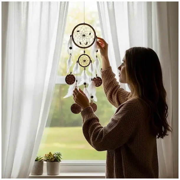 H�ndlavet dr�mmefanger 50 cm � ring �12 cm � naturfarver med bast og fjer