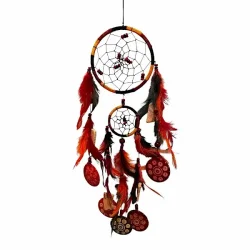 H�ndlavet dr�mmefanger 50 cm � ring �12 cm � varme farver med fjer og sten