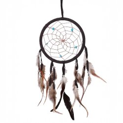 H�ndlavet sort dr�mmefanger med bl� howlit og �gte fjer � 22 cm diameter, 64 cm lang