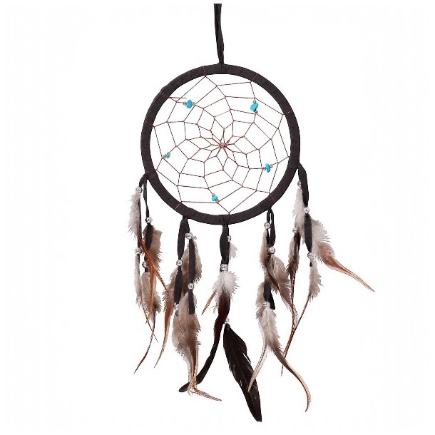 H�ndlavet sort dr�mmefanger med bl� howlit og �gte fjer � 22 cm diameter, 64 cm lang