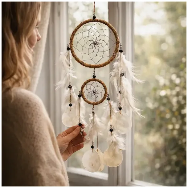 H�ndlavet dr�mmefanger med capiz skaller � boho &amp; natur 50 cm