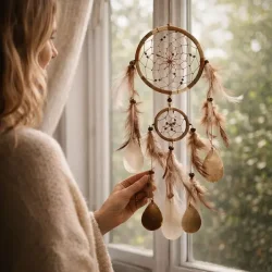 H�ndlavet dr�mmefanger med capiz skaller � fjer &amp; natur 50 cm