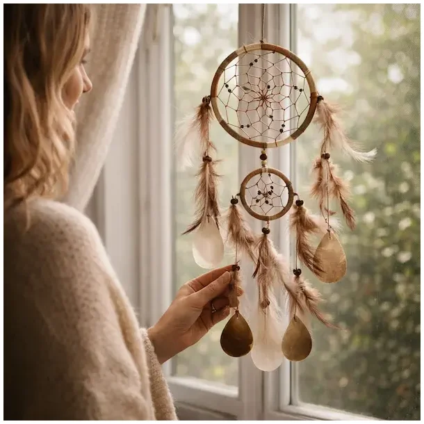 H�ndlavet dr�mmefanger med capiz skaller � fjer &amp; natur 50 cm