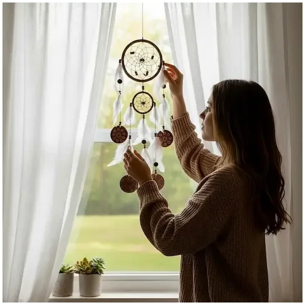 H�ndlavet dr�mmefanger med fjer og kokos � naturdesign 50 cm