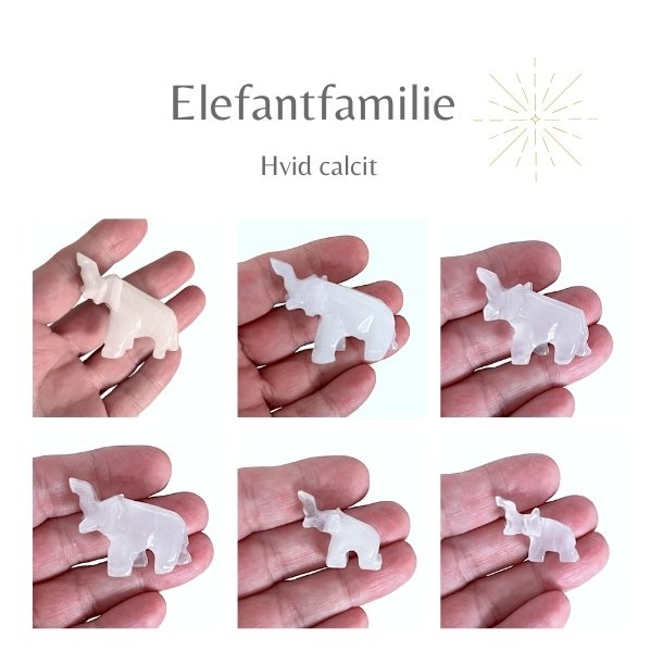 Unik Elefantfamilie i Hvid Calcit � 6 Smukke Polerede Figurer til Dekoration