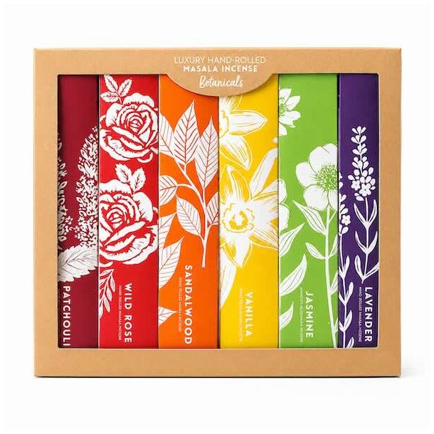 Elements Botanicals luksus h�ndrullede masala r�gelsespinde med 84 r�gelsespinde p� hvid baggrund.