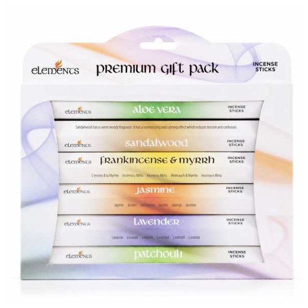 Elements Premium Gift Pack r�gelsess�t med seks forskellige h�ndrullede r�gelsesdufte p� hvid baggrund.