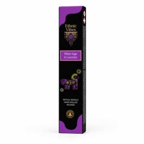 Ethnic Vibes Hvid Salvie & Lavendel h�ndrullede r�gelsespinde i pakke med 15 pinde p� hvid baggrund.