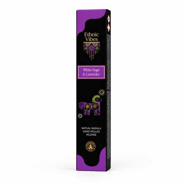 Ethnic Vibes Hvid Salvie & Lavendel h�ndrullede r�gelsespinde i pakke med 15 pinde p� hvid baggrund.